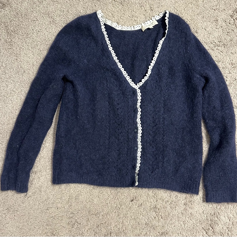 Sezane Blue and White Cardigan Sweater V-Neck Knit